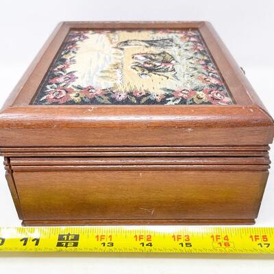 WOODEN JEWELRY BOX W/ NEEDLEPOINT TOP