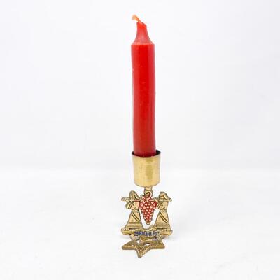 â€œJERUSALEMâ€ JEWISH BRASS CANDLE HOLDER W/ RED TAPER