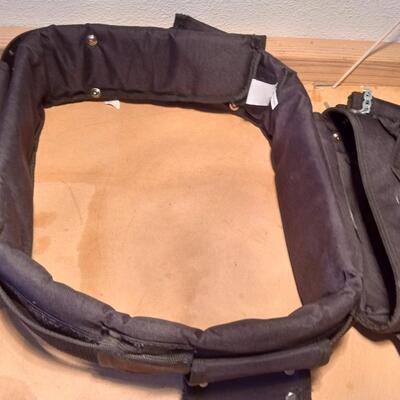 LOT 65  KLEIN TOOL BELT, KNEE PADS, EAR MUFFS, WORK GLOVES AND TAPE MEASURE