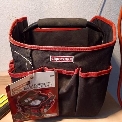 LOT 57  NEW CRAFTSMAN TOTE, HAND TOOLS AND HARD CASE FLASHLIGHT
