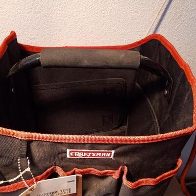 LOT 57  NEW CRAFTSMAN TOTE, HAND TOOLS AND HARD CASE FLASHLIGHT