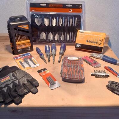 LOT 101  VARIETY OF DRILL BITS, WORK GLOVES, DRIVING SET AND MORE