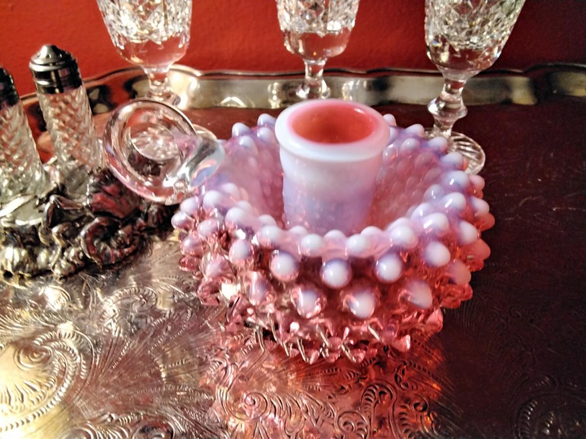 Fenton cranberry hobnail good opalescent candle stick holders