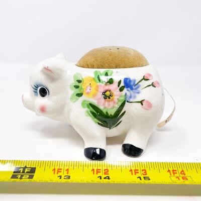 VINTAGE CERAMIC PIG PINCUSHION & MEASURING TAPE HOLDER - JAPAN