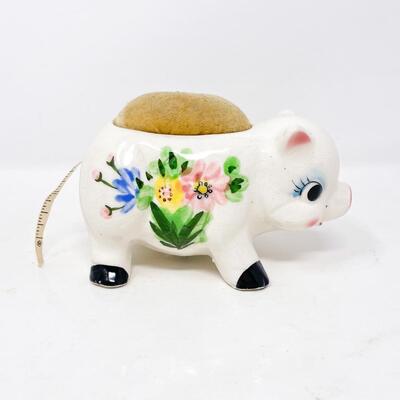 VINTAGE CERAMIC PIG PINCUSHION & MEASURING TAPE HOLDER - JAPAN