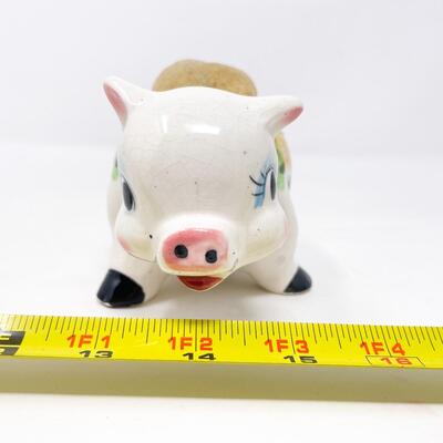 VINTAGE CERAMIC PIG PINCUSHION & MEASURING TAPE HOLDER - JAPAN
