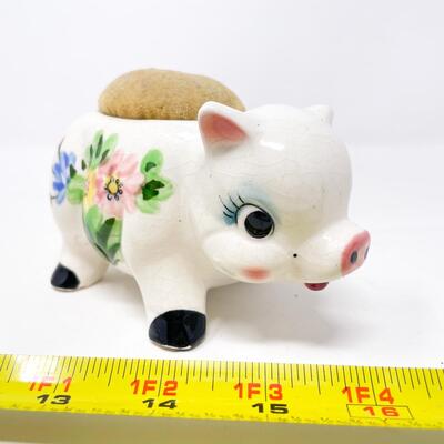 VINTAGE CERAMIC PIG PINCUSHION & MEASURING TAPE HOLDER - JAPAN