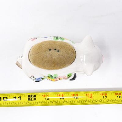 VINTAGE CERAMIC PIG PINCUSHION & MEASURING TAPE HOLDER - JAPAN