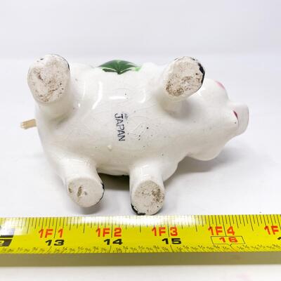 VINTAGE CERAMIC PIG PINCUSHION & MEASURING TAPE HOLDER - JAPAN