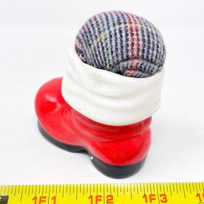 VINTAGE CERAMIC SANTA BOOT PINCUSHION