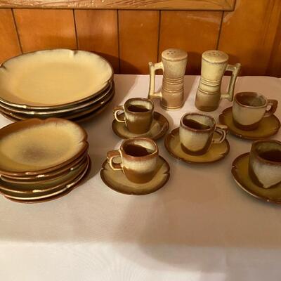 Set of vintage Frankoma pottery dinnerware with salt & pepper shakers