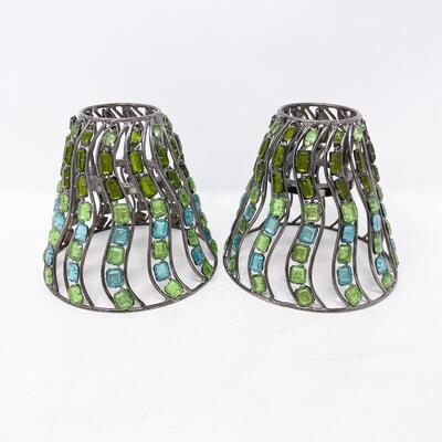 PAIR OF SMALL JEWELED METAL LAMPSHADES