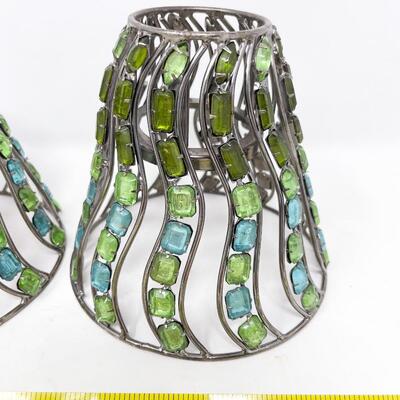 PAIR OF SMALL JEWELED METAL LAMPSHADES