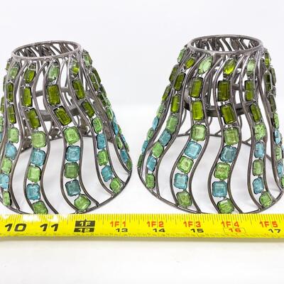 PAIR OF SMALL JEWELED METAL LAMPSHADES