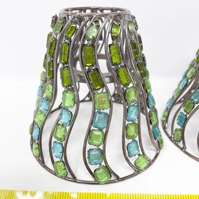 PAIR OF SMALL JEWELED METAL LAMPSHADES