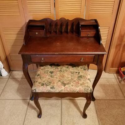 Wooden Queen Anne writing desk with upholstered stool - SEE DETAILS