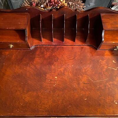 Wooden Queen Anne writing desk with upholstered stool - SEE DETAILS