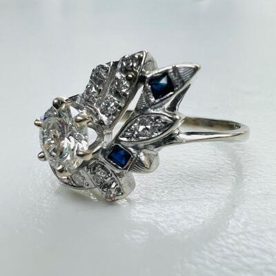 Ladies vintage 14K white gold diamond & sapphire ring