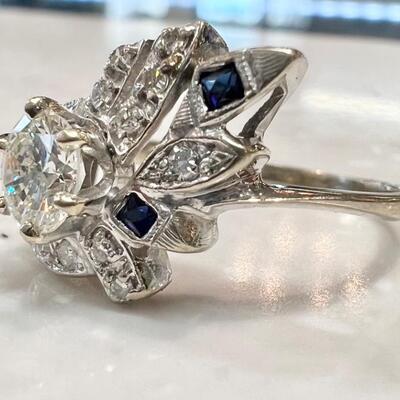 Ladies vintage 14K white gold diamond & sapphire ring