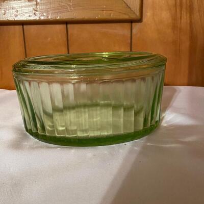 Green depression glass covered server