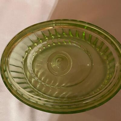Green depression glass covered server