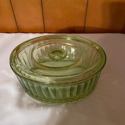 Green depression glass covered server