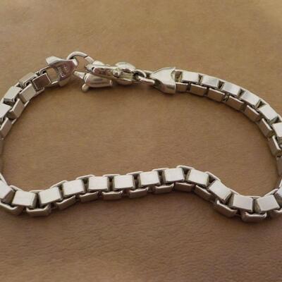 8 in. square linked sterling bracelet with lobster clip.