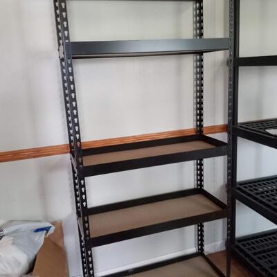 LOT 159  TWO METAL STORAGE SHELVES WITH WOODEN SHELVES