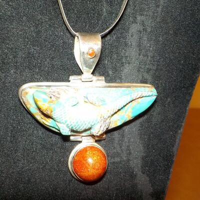 Turquoise  & Precious stone ,  Navaho hand crafted sterling silver Necklace.
