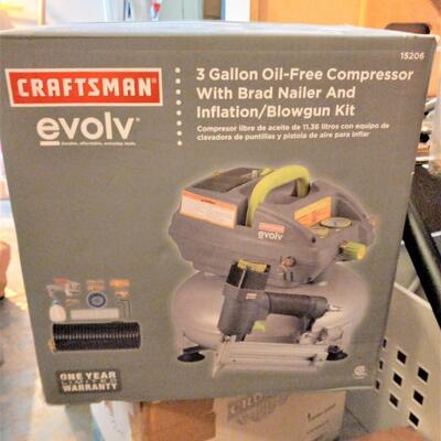 LOT 36  NEW CRAFTSMAN 3 GALLON, OIL FREE COMPRESSOR WITH BRAD NAILER AND INFLATION KIT