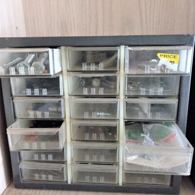 LOT 31  TWO HARDWARE ORGANIZER FULL OF HARDWARE AND MORE