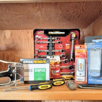 LOT 24  SET OF SAE GEAR WRENCHES, STAPLE GUN AND MORE