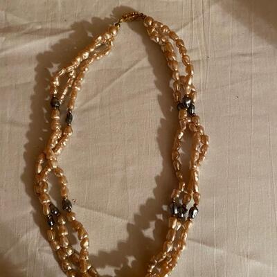 Vintage iridescent and onyx triple strand freshwater pearl necklace