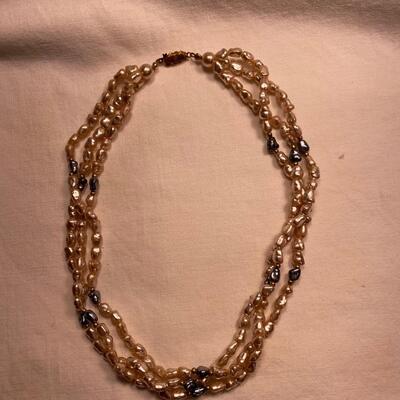 Vintage iridescent and onyx triple strand freshwater pearl necklace