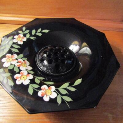 Hand Painted Glass Bowl with Flower Frog