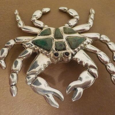 Sterling and jade Crab pin 3 x 4 inches.