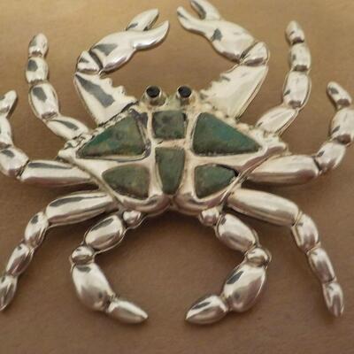 Sterling and jade Crab pin 3 x 4 inches.