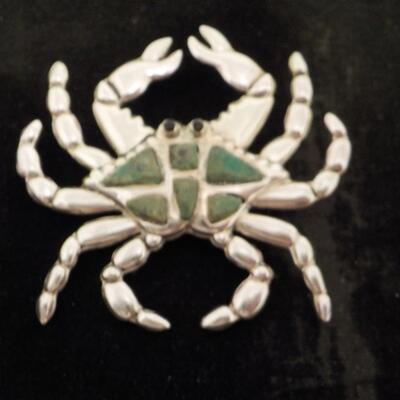 Sterling and jade Crab pin 3 x 4 inches.