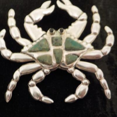 Sterling and jade Crab pin 3 x 4 inches.