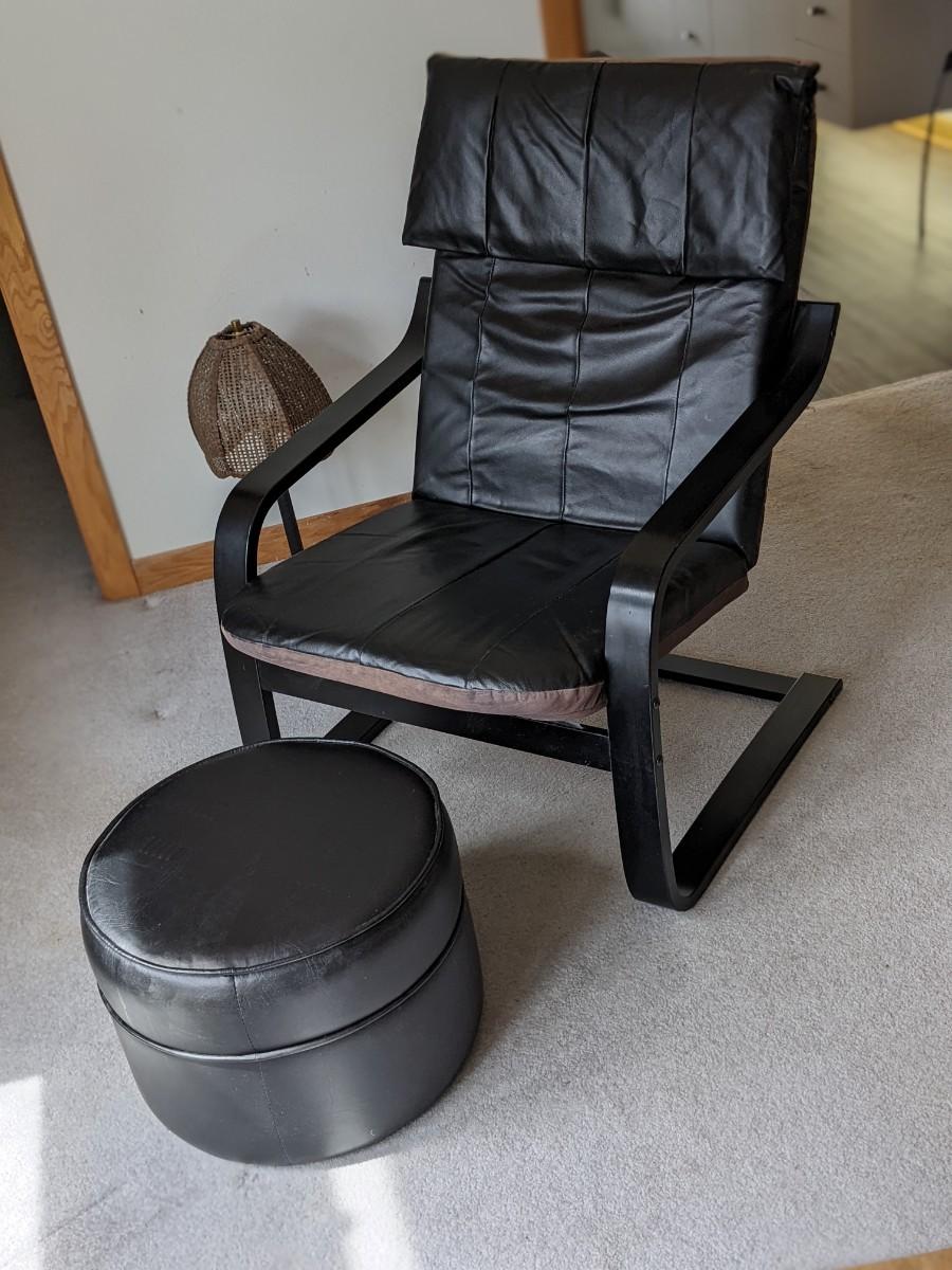 Ikea Black Leather Chair and Ottoman