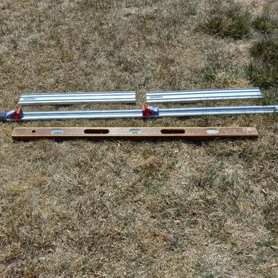 LOT 87  WOODEN LEVEL, 50' ALL IN ONE CLAMP AND MORE