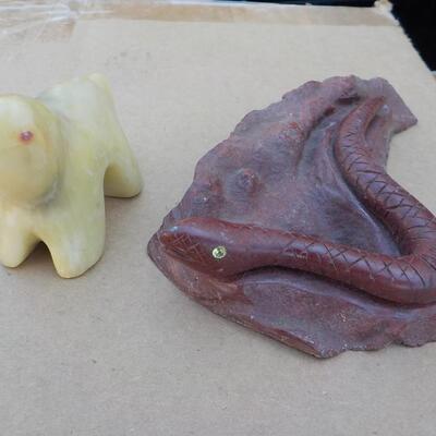 Hand crafted polar bear (jade) and snake (red stone).