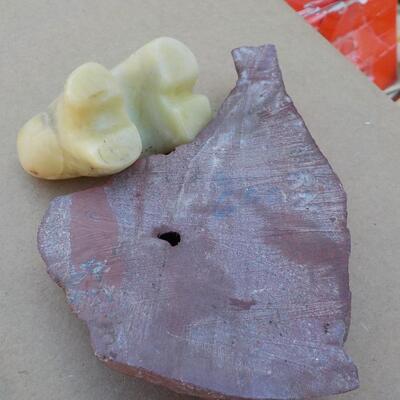 Hand crafted polar bear (jade) and snake (red stone).