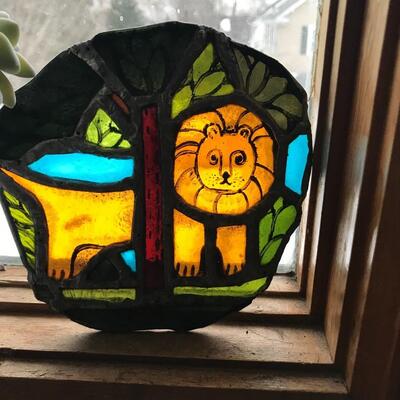 Adorable  Stained Glass Lion / Cat 1960s