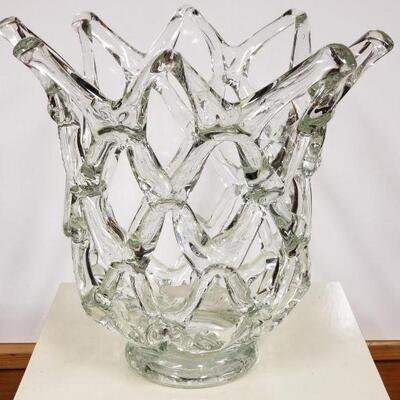 Large Vintage Basket Weave Art  Glass Vase