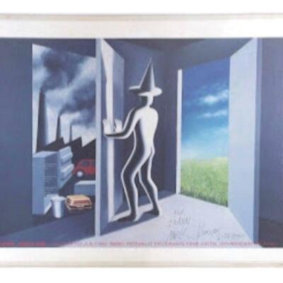 Rare Mark Kostabi Medium Size Exhibition Poster w/ Signed Message to Friend.. Featuring his Trademark Pointed-Hat Figure 