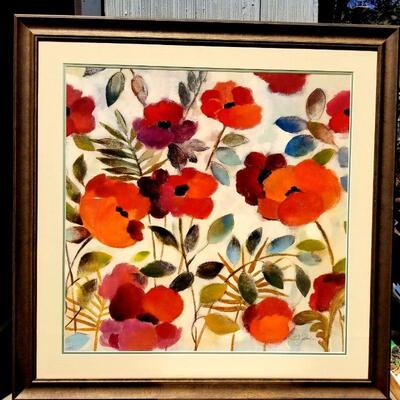 Art.... large mid-century painting of flowers framed under glass..signed