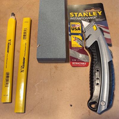 LOT 122  DRILL MASTER CORDLESS DRILL, NEEDLE FILE SET, DRILL BITS, WORK GLOVES AND BOX CUTTER