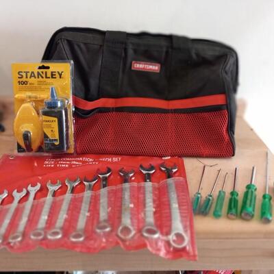 LOT 126  COMBINATION WRENCH SET, CHALKLINE REEL, TOOL BAG AND MORE