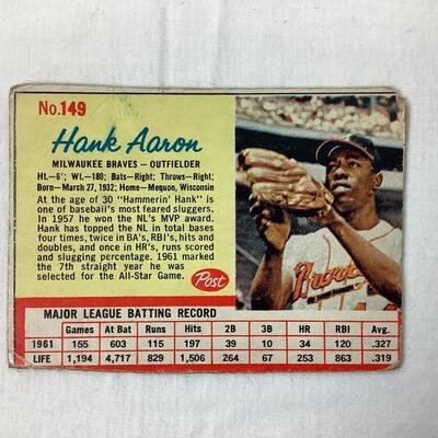 546  1962 Post Cereal Hank Aaron Milwaukee Braves #149 Major League Batting Record Card